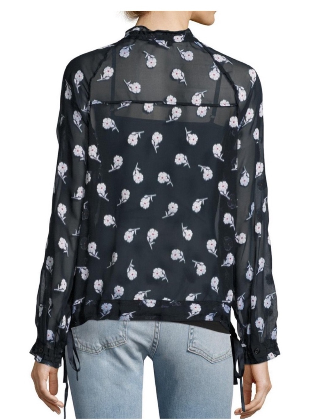 rag & bone The Bennet silk Black Sheer Floral Tie-Neck Blouse - Picture 3 of 10